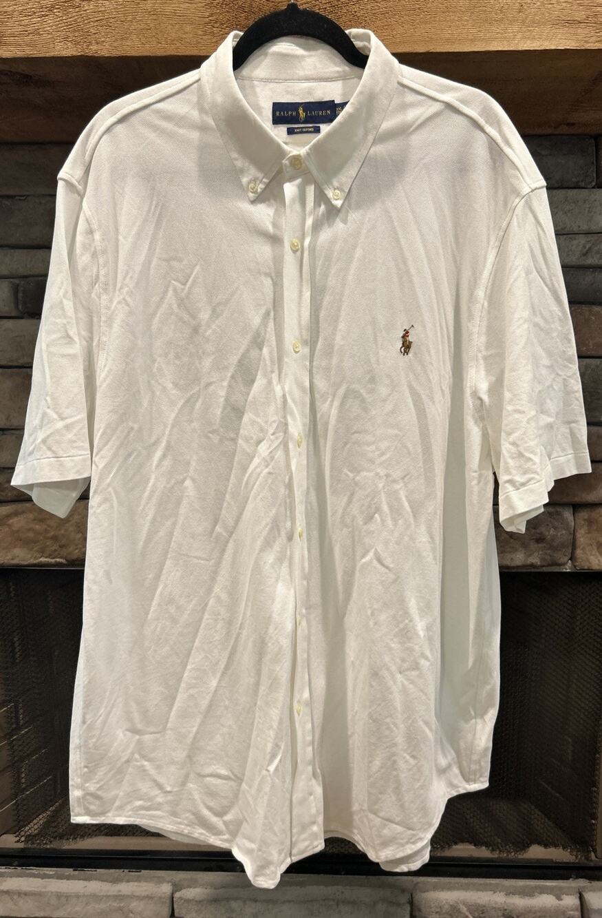 Men’s RALPH LAUREN White Knit Oxford Short Sleeve Button Up Shirt XXL *A3